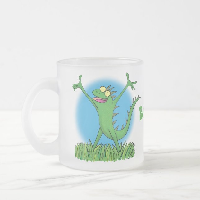 Lusande grönt leende animerad iguana lizard frostad glasmugg (Vänster)