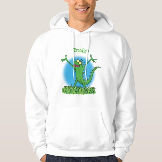 Lusande grönt leende animerad iguana lizard hoodie (Framsida)