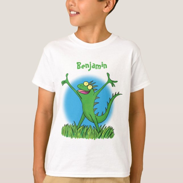Lusande grönt leende animerad iguana lizard t shirt (Framsida)
