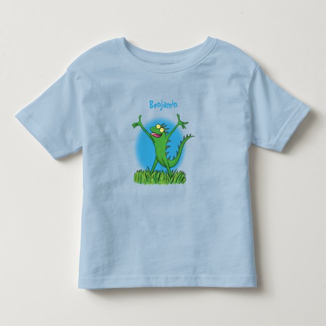 Lusande grönt leende animerad iguana lizard t shirt (Framsida)