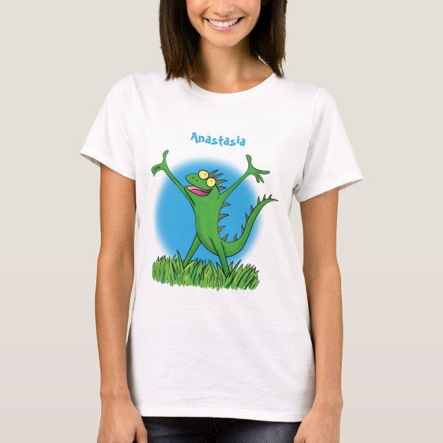 Lusande grönt leende animerad iguana lizard t shirt (Framsida)