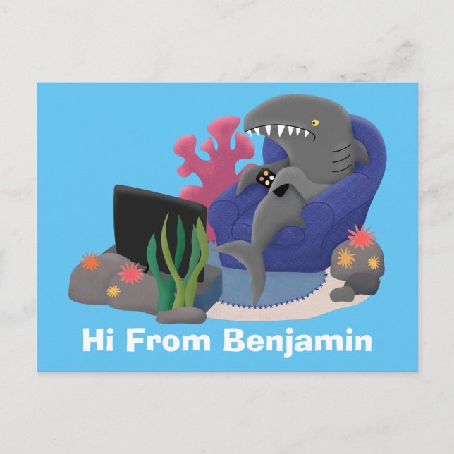 Lusande haj som tittar på TV-tecknaden Vykort (Framsida)