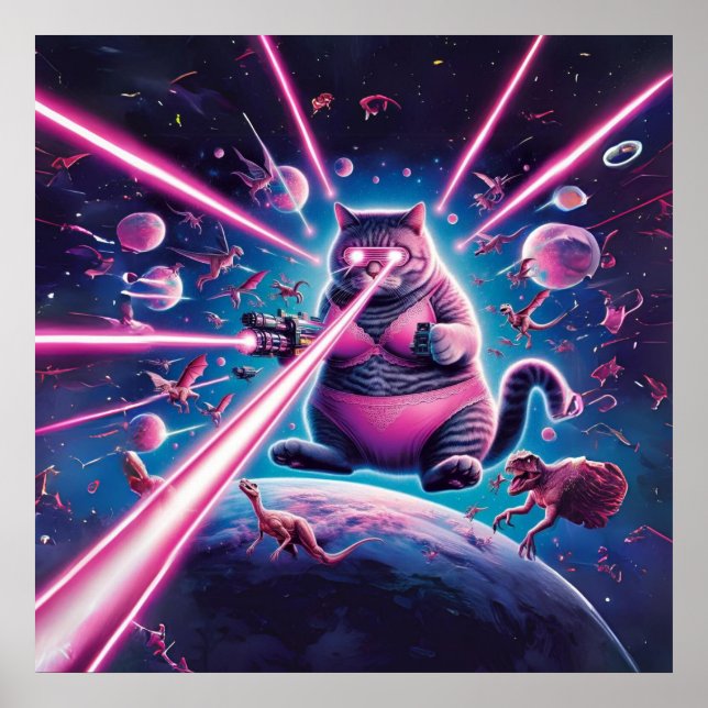 Lusande jättekatt och dinosaurier i rymden poster (Framsidan)