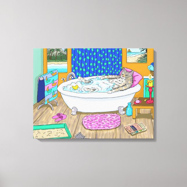 Lusande katt i bad Kat 665 Canvastryck (Framsida)