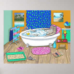 Lusande katt i bad Kat 665 Poster