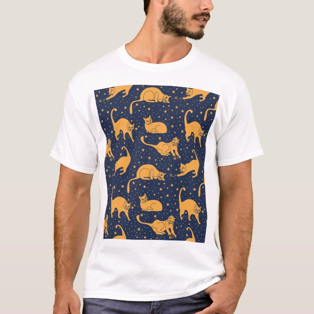 Lusande katter, stjärnor, rymden mönster. t shirt (Framsida)