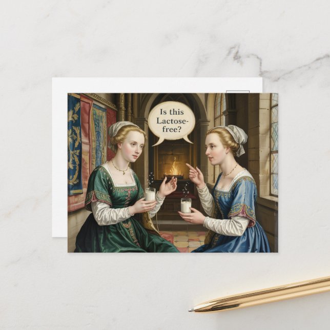Lusande kvinnor frågar om den här laktosfria? vykort (Fram/Back In Situ)