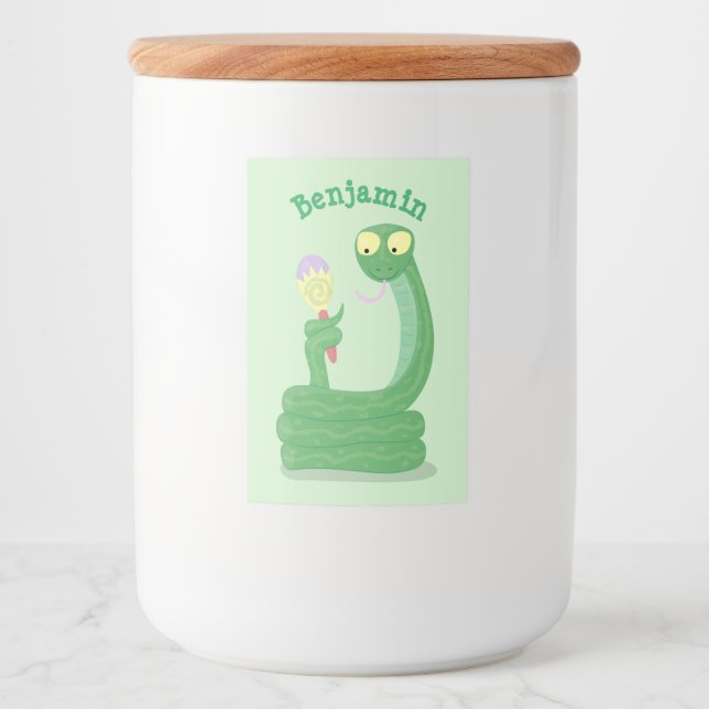 Lusande orm av grönt med maraca tecknad mat etikett (Framsida)