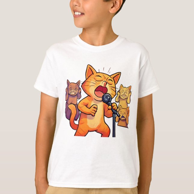 Lusande singel Cat med Microphone Art T Shirt (Framsida)