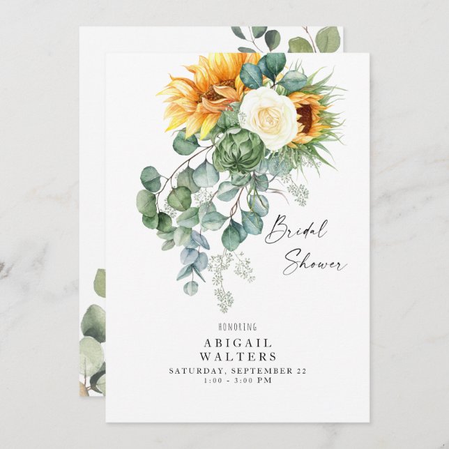 Luscious Eucalyptus Solros White Möhippa Inbjudningar (Fram/baksida)