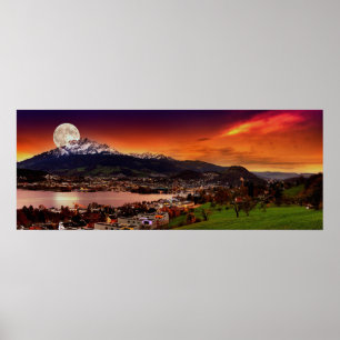 Lusern Schweiz och måne över berget Pilatus Poster