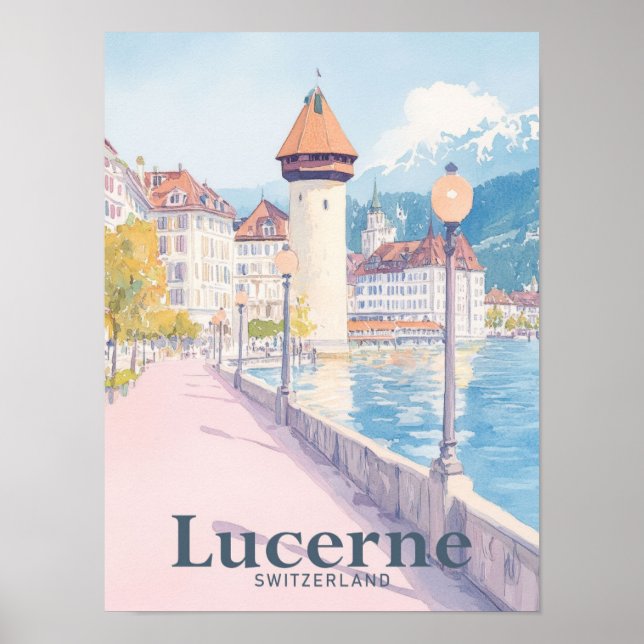 Luserne Schweiz Watercolor Travel Illustration Poster (Framsidan)