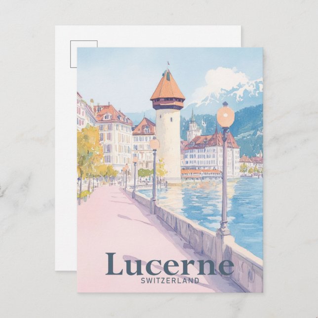 Luserne Schweiz Watercolor Travel Illustration Vykort (Fram/baksida)