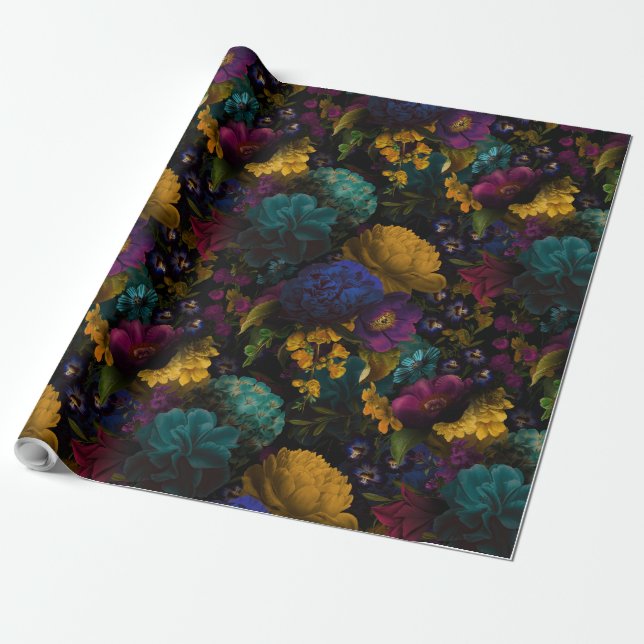 Lush baroque antique-blommor på svart presentpapper (Utrullad)