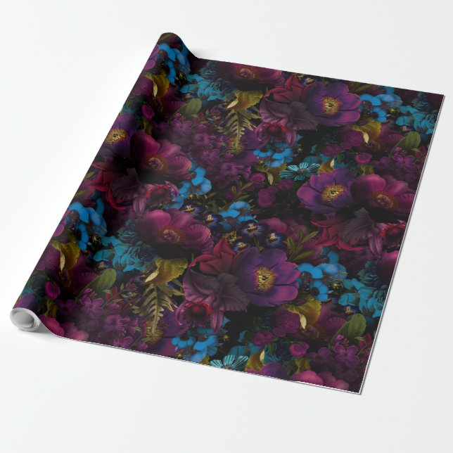 Lush baroque lila antique-blommor på svart presentpapper (Utrullad)