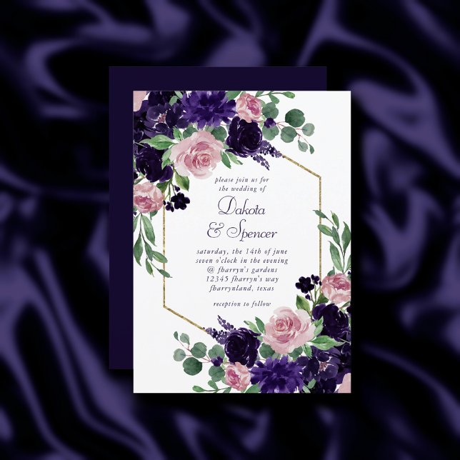 Lush-Blommar | Rosa och Lila Bouquet Guld Ram Inbjudningar (Skapare uppladdad)
