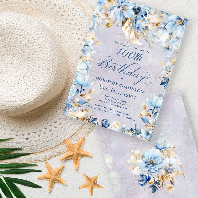 Lush Blue White Watercolor Blommigt 100 Birthday Inbjudningar (Skapare uppladdad)