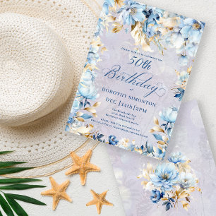 Lush Blue White Watercolor Blommigt 50:e födelseda Inbjudningar