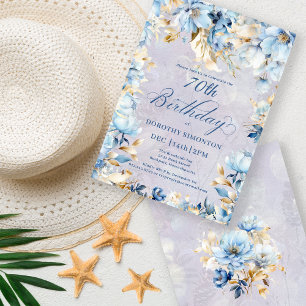 Lush Blue White Watercolor Blommigt 70:e födelseda Inbjudningar