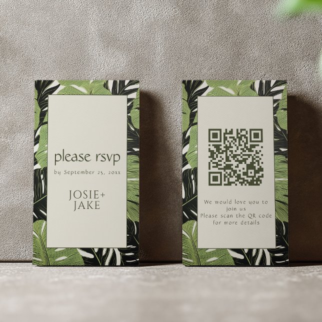 Lush Botanicals OSA Grönt Jungle Löv QR-kod Tilläggskort (Tropical leafy border RSVP enclosure with QR code)