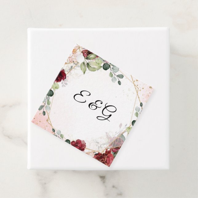 Lush burgundy blommigt guld ram boho bröllop gåvor etiketter (På plats)