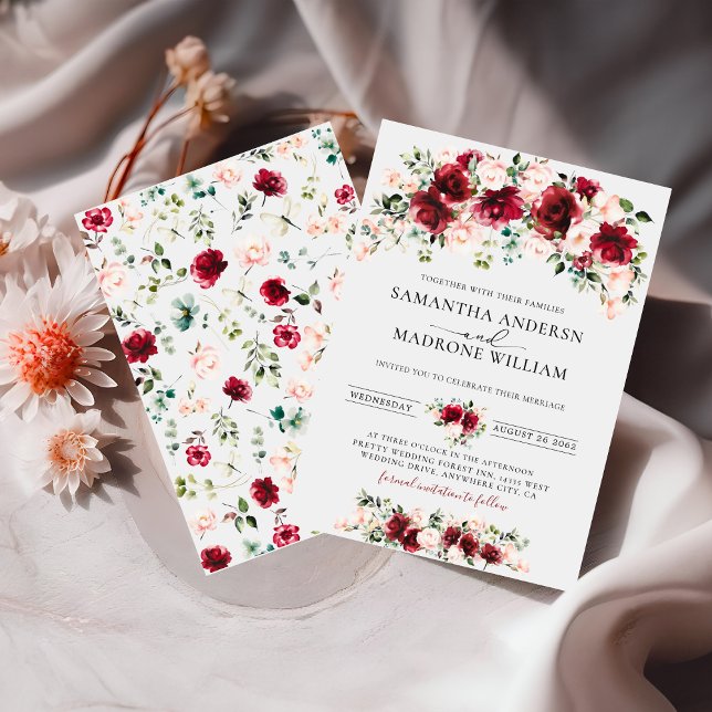 Lush Burgundy Blush Roses Floral Boho Wedding  Inbjudningar (Skapare uppladdad)