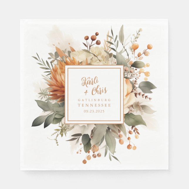 Lush Burnt Orange Fall Blommigt & Greenery Papper Pappersservett (Framsidan)