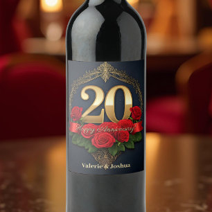 Lush Crimson Ro Golden 20:e Bröllop-årsdagen Vinflaska Etikett