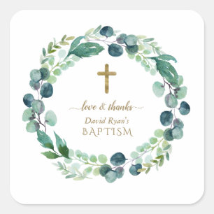 Lush Eucalyptus Greenery Wandan Guld Kor Baptism Fyrkantigt Klistermärke