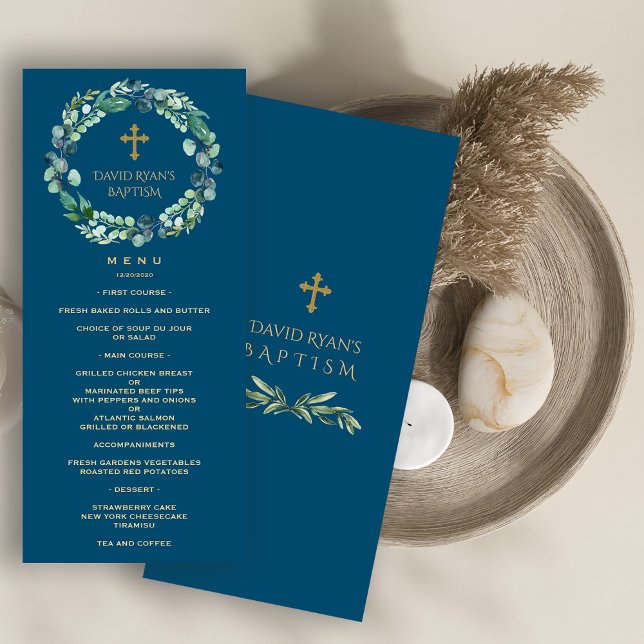 Lush Eucalyptus Greenery Wandeand Guld Boy Baptism Meny (baptism menu, boy eucalyptus wreath menu, )