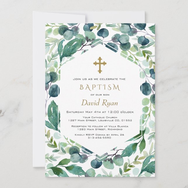 Lush Eucalyptus Ram Guld Kor Boy Baptism Inbjudningar (Framsida)