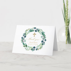 Lush Eucalyptus Wandand Guld Photo Boy Baptism Tack Kort