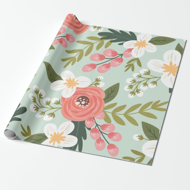 Lush Folksy-Blommigtar i Mint-Grönten Presentpapper (Utrullad)