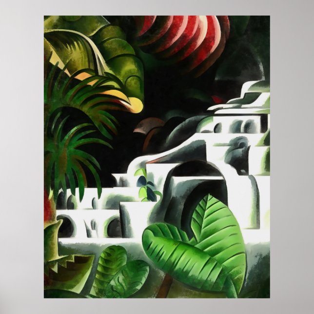 Lush Forest Waterfall i Geometric Art Stil v1 Poster (Framsidan)