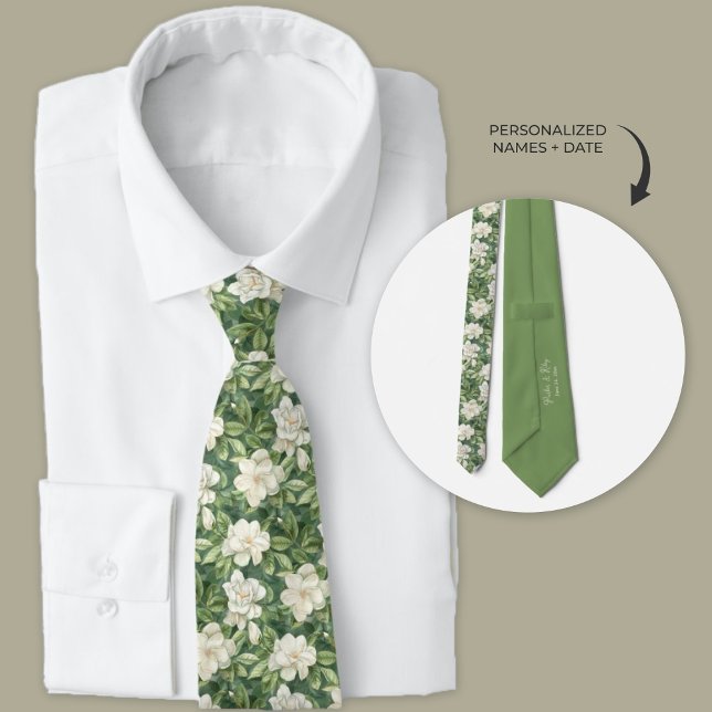 Lush Garden Green and White Gardenia Floral Slips (Lush green and white gardenia floral pattern wedding necktie.)