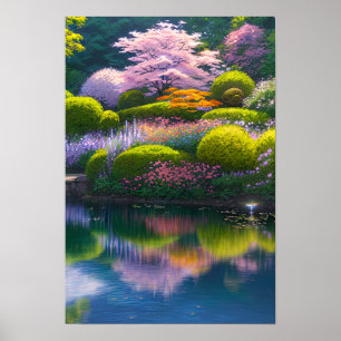 Lush Garden med en häpnadsväckande Sakura Träd Poster