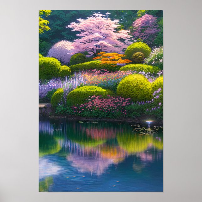 Lush Garden med en häpnadsväckande Sakura Träd Poster (Framsidan)