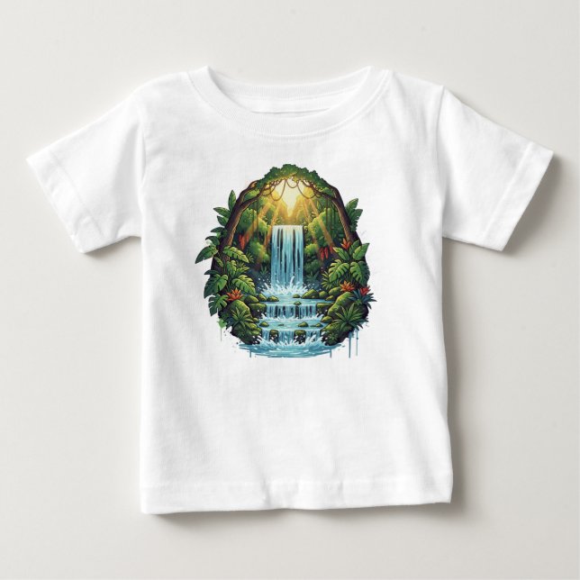 Lush Green Forest Waterfall – Cinematic Tropical  T Shirt (Framsida)