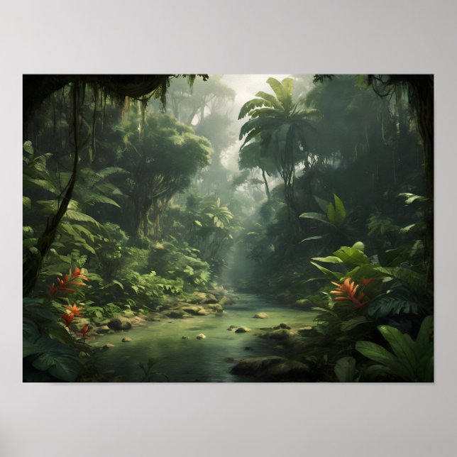 Lush Green Tropical Rainforest Jungle River Poster (Framsidan)