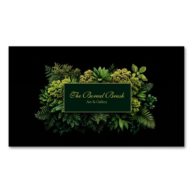 Lush Greenery Black Gold Frame Botanical Magnetiska Visitkort (Framsida)