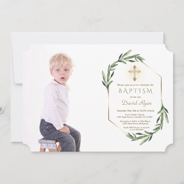 Lush Greenery Guld Kor Boy Photo Baptism Inbjudningar (Framsida)