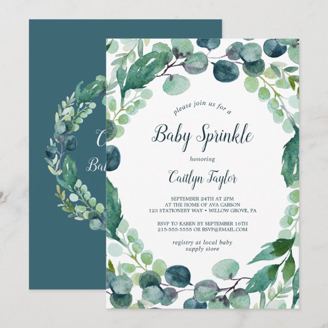 Lush Greenery och Eucalyptus Baby Sprinkle Inbjudningar (Fram/baksida)