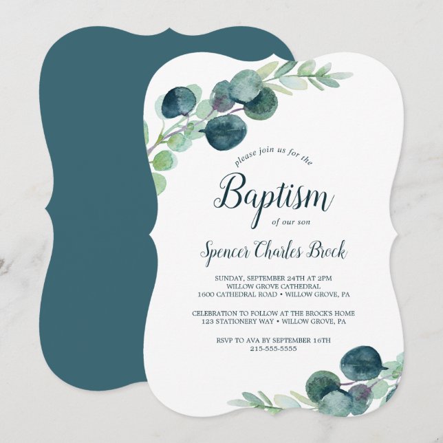 Lush Greenery och Eucalyptus Baptism Inbjudningar (Fram/baksida)