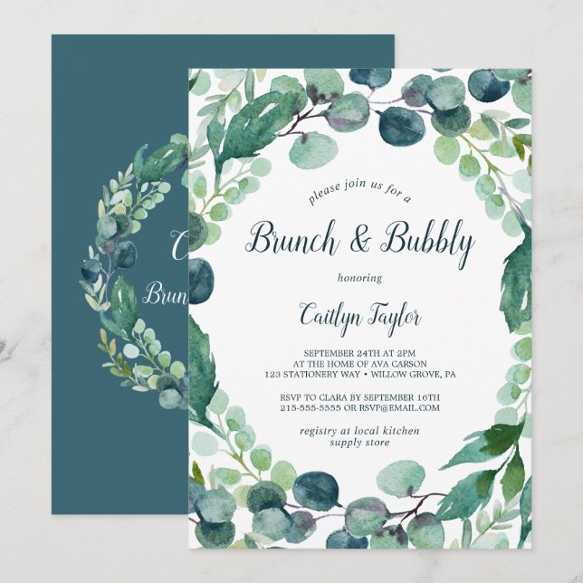 Lush Greenery och Eucalyptus Brunch och Bubly Inbjudningar (Fram/baksida)