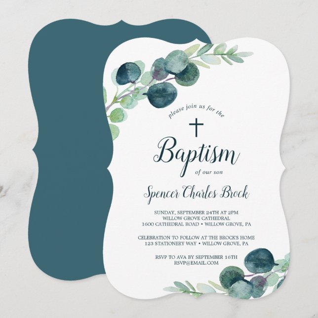 Lush Greenery och Eucalyptus med Kor Baptism Inbjudningar (Fram/baksida)