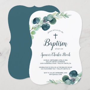Lush Greenery och Eucalyptus med Kor Baptism Inbjudningar