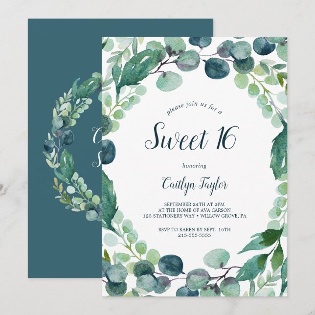 Lush Greenery och Eucalyptus Sweet 16 Inbjudningar (Fram/baksida)