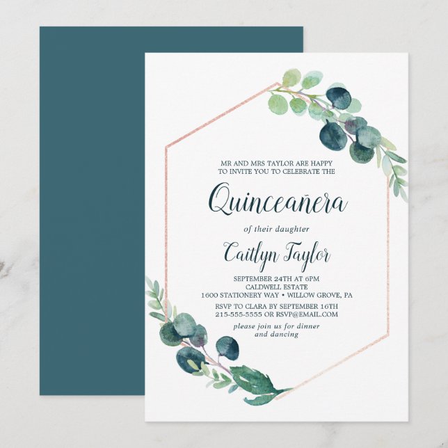 Lush Greenery Ro Guld Geometric Quinceañera Inbjudningar (Fram/baksida)