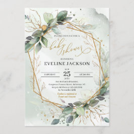 Lush Grey eucalyptus och faux guld babydusch Inbjudningar