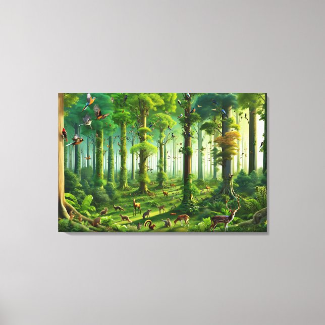Lush Grönt Forest med kutfåglar och djur Canvastryck (Framsida)